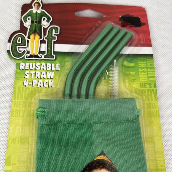 ELF Christmas Reusable Green Stainless Steel Metal Straws w Pouch Cleaning Brush - Picture 5 of 7